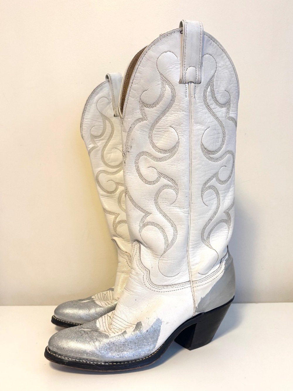 Abilene Rodeo Leather Cowboy Cowgirl Boots White Silver Sparkle Womens Size 7 M